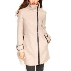 Calvin Klein Asymmetric wool coat with leather trim and hidden zipper
